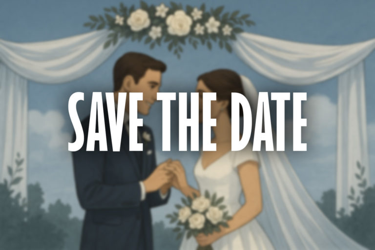 save the date tekst med et bryllup i bakgrunnen